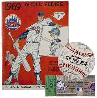 1969 World Champion New York Mets Team Signed Baseball with World Series Program & Ticket (29 Signatures included McGraw, Berra, Ryan and Seaver) JSA